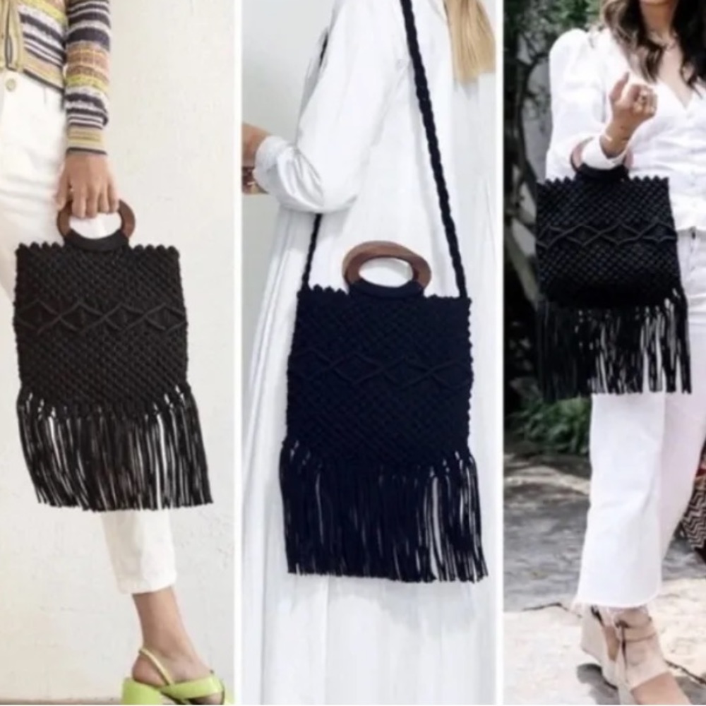 Danielle Nicole Macrame Crochet Handbag Black Boho Fringe Shoulder Crossbody NWT